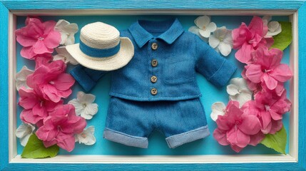Miniature denim outfit and straw hat displayed with flowers.