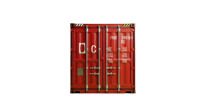 A solitary, vibrant red shipping container stands centered against a plain, soft green background.
