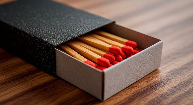 A close up shot of an open matchbox with red tipped matches on a wooden surface in soft lighting - Powered by Adobe