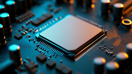 Close-up of a central processing unit on a modern circuit board. Tech component showcases integrated circuitry, a symbol of advanced computing.