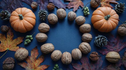 Harvest pumpkins and walnuts form a circular arrangement with autumn leaves.