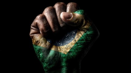 A closed fist is showcased in this dramatic  shot against a dark background, featuring a meticulously painted flag design that covers the skin. The textures and details on the hand are accentuated.