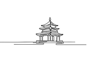 Single line drawing in modern minimalist style of traditional Chinese temple architecture on white background with copy space