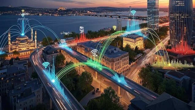 A city with a mosque, bridge, skyscrapers, highway, and drone, overlaid with data lines and wireless signals