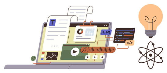 Laptop displaying code, text, graphs, and multimedia elements. Atom and lightbulb icons suggest innovation and learning. Ideal for education, coding, technology, content creation multimedia