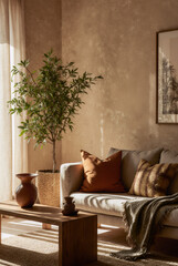 Modern rustic living room with olive tree, terracotta pottery, and soft autumn sunlight illuminating natural textures