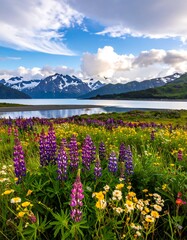 Alpine Meadow Blooms Under Snowy Peaks.
