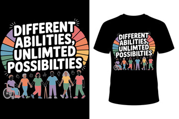 Vector art of different abilities, unlimited possibilities text graphic with rainbow background and diverse group of people, including wheelchair user, on black tshirt mockup