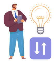 Man in formal attire holding clipboard beside light bulb and up-down arrows. Ideal for innovation, strategy, brainstorming, decision-making, creativity, business planning, leadership. Simple flat