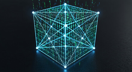 Glowing cube with binary code pattern and connected nodes on a dark reflective surface