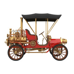 Elaborate vintage steam-powered automobile, meticulously detailed red and brass vehicle with an