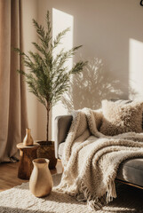 Cozy holiday living room with olive tree decor, warm wooden furniture, and neutral tones illuminated by soft golden light