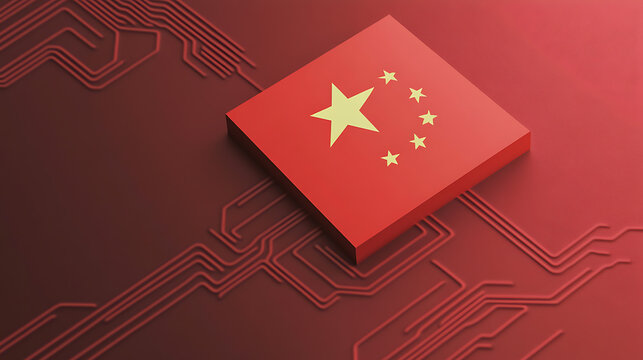 Chinese Technology: A chip representing the country's tech industry, set against a red circuit board background. Symbol of digital innovation.