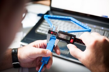Precision Measurement of a Prototype. Engineer's hands using an electronic caliper to check a component printed with a 3D printer. Focus on technology and innovation.