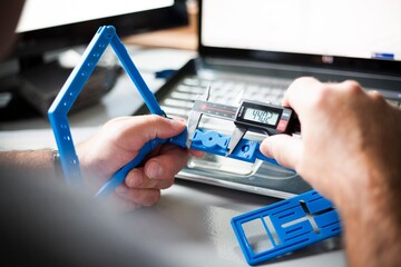 3D Printed Part Measurement. Close-up of hands using a digital caliper to inspect a blue prototype....