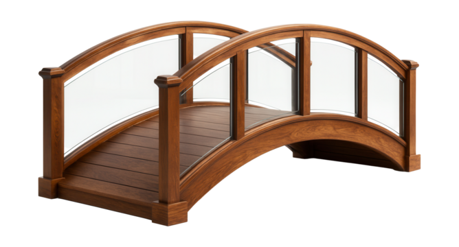 Chic arched garden bridge with glass panels, perfect for upscale estate landscapes.