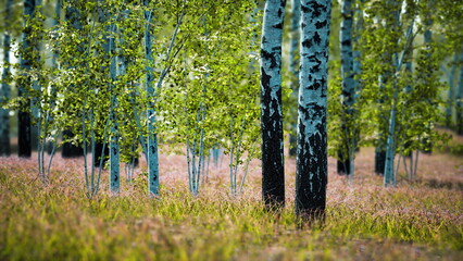 Obraz premium Golden sunlight filters through a lush grove, illuminating slender trees with striking green leaves. The serene atmosphere invites peaceful exploration among tall grasses and gentle shadows.