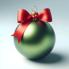 A glossy green Christmas ornament ball with a small red ribbon bow on top, isolated on a white background, realistic 3D render, soft shadows, clean and festive composition