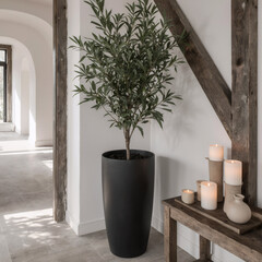 Minimal winter entrance with olive tree, neutral pottery, and soft candlelight on rustic wood beam for cozy zen atmosphere