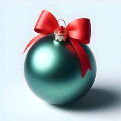 A glossy green Christmas ornament ball with a small red ribbon bow on top, isolated on a white background, realistic 3D render, soft shadows, clean and festive composition