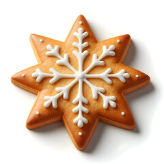A golden-brown star-shaped Christmas cookie with white icing details, isolated on a plain white background, realistic texture, soft diffused lighting, clean composition for holiday design