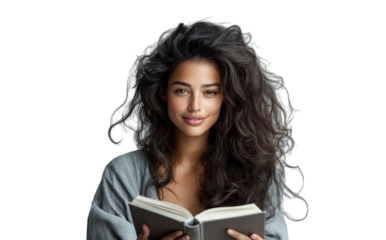 Woman Reading Book with Confident Smile on Transparent Background