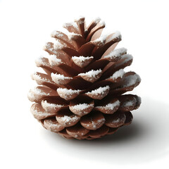 A natural brown pine cone dusted with white snow, isolated on a white background, realistic texture, soft shadows, minimal Christmas style, clean product photo look 