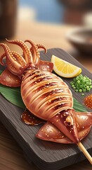 Grilled Squid Skewer with Lemon and Spices on a Dark Plate.