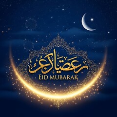 Eid Mubarak Celebration - Crescent Moon and Arabic Calligraphy in Night Sky.