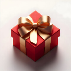 A small square red gift box with a soft satin gold ribbon bow, isolated on a pure white background, realistic texture, soft light and shadow, elegant and minimal Christmas style