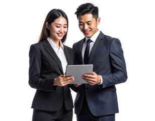 Successful Business Team Reviewing Strategy on Tablet, Front View, Isolated on White