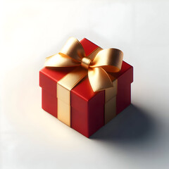 A small square red gift box with a soft satin gold ribbon bow, isolated on a pure white background, realistic texture, soft light and shadow, elegant and minimal Christmas style