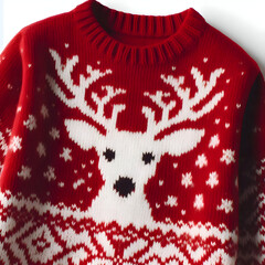 Close-up of a cozy red knitted sweater with white reindeer pattern, isolated on a plain white background, soft lighting, realistic fabric texture, holiday aesthetic