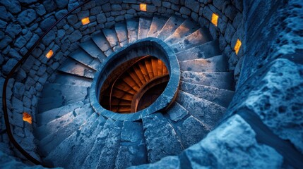 Spiraling Stone Steps with Warm Lighting in a Circular Pattern at Twilight, Evoking Mystery and Depth
