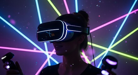 Immersive VR Experience - Woman Exploring Virtual Reality with Controllers.