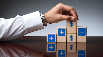 Hand Building a Financial Growth Stack with Plus and Minus Symbols
