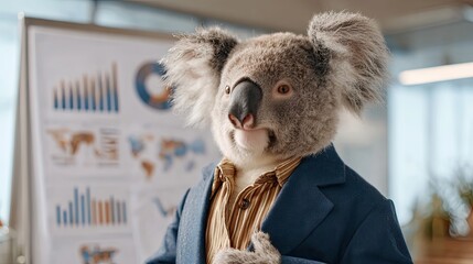 Koala dressed in business suit stands in an office with a presentation board behind, representing a savvy business professional or entrepreneur managing finances.