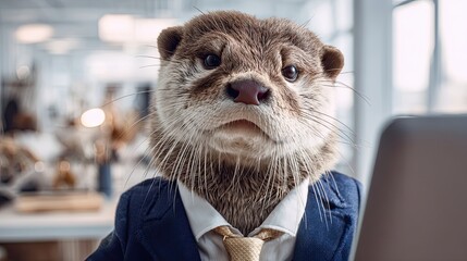 Otter in a suit and tie working in an office. Anthropomorphic animal in professional corporate environment for business concept.