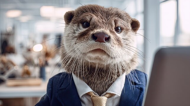 Otter in a suit and tie working in an office. Anthropomorphic animal in professional corporate environment for business concept. - Powered by Adobe