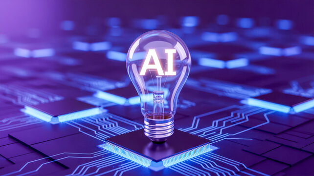 A glowing light bulb with the letters "AI" inside, symbolizing artificial intelligence, rests on a futuristic circuit board. - Powered by Adobe