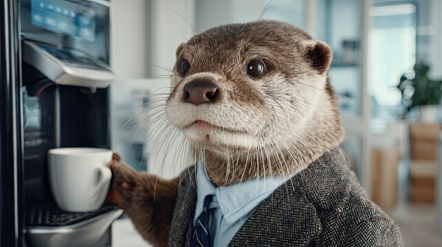 Otter in a suit making coffee at an office machine for a corporate humor concept or a funny business advertisement.