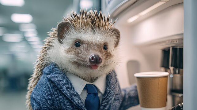Hedgehog in a suit standing next to a coffee machine with a takeaway cup. Funny business animal concept for office, work, and productivity.