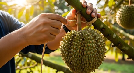 Harvesting Durian - A Farmer Securing the Fruit on the Tree Branch.