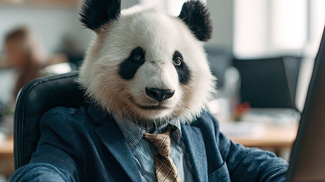 Panda animal in a suit, a funny office worker at a desk, ready for business at the corporate workplace, a concept for humor or unique design.