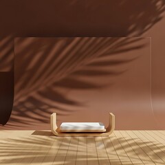 Minimalist Product Display - Wooden Stand with Palm Leaf Shadows.