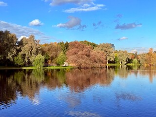 Fototapeta premium autumn trees reflection on the blue lake surface, autumn lake in the park