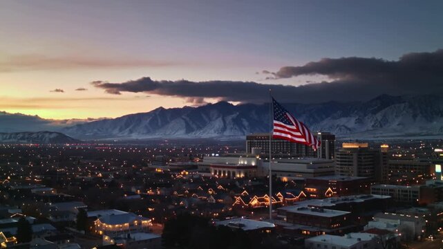 View of the large city at twilight with american flag waving in the wind and the high mountain. Generated AI.