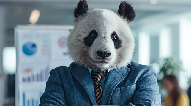 Man with a panda head in a business suit in an office setting. Creative concept for corporate identity or unique marketing.