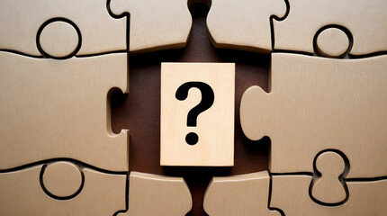 Wooden Puzzle Pieces with a Question Mark, Representing a Problem
