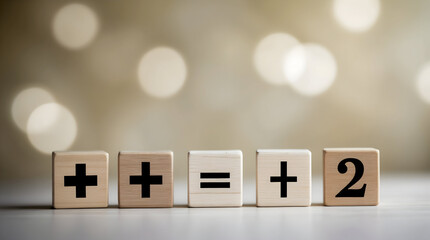 Wooden blocks showing a simple math equation, plus two equals two.